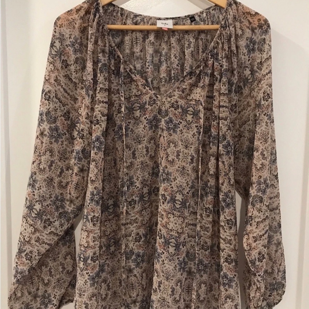 CAbi Sheer Printed Peasant Blouse - Boho Neutral Floral Large